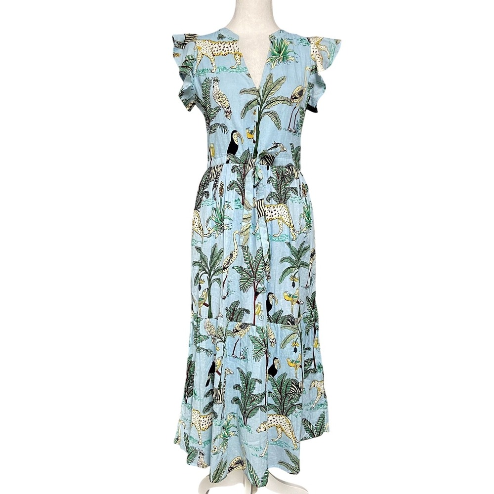 Charlee Aubrey Dress Womens XS Blue Jungle Animal Maxi V Neck Flutter Pockets